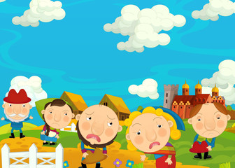 Fototapeta premium Cartoon medieval scene of farmers near the castle - in their village - image for different fairy tales - illustration for children