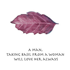 Watercolor basil violet leaf with cooking quote