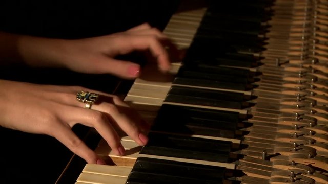 Well-groomed female hands presses piano keys