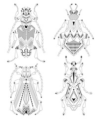 Set of 4 various insects. Black and white.