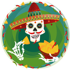 Mexican food. Smiling skull with jalapeno pepper mustache in sombrero eating nachos.