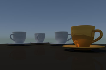 3D-Rendering von drei weißen und einer goldenen Kaffeetassen mit Untertasse auf einem dunklen, spiegelnden Tisch