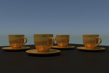 3D-Rendering von vier goldenen Kaffeetassen mit Untertasse auf einem dunklen, spiegelnden Tisch