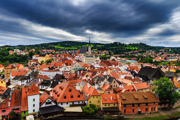 Aerial view of castle and houses in Cesky Krumlov, Czech republic. UNESCO World Heritage Site.