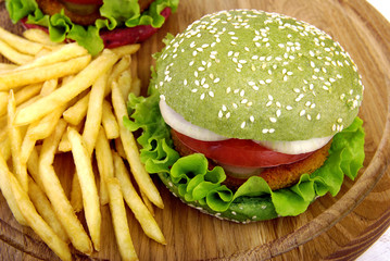 Green hamburger and fries