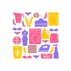 Unique vector concept with the various elements of  laundry. Washing machine, iron, dress. Clean and easy to edit. Unique illustration for t-shirts, banners, flyers and other types of business design.