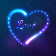 Shining cosmic neon heart with sign Love