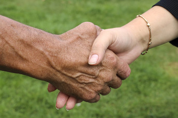 Handshake of business partners, farmers on a green background. Male and female hand shaking hands. The meeting of two people.
