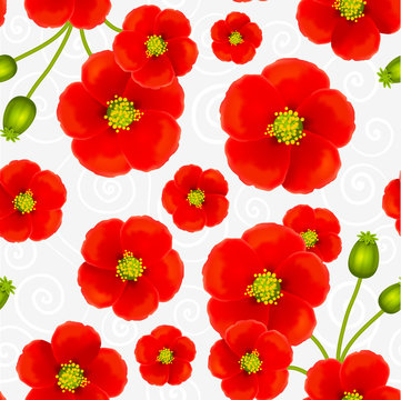 Red poppy flowers vector seamless pattern
