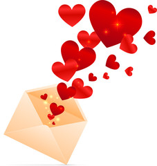 Vector paper envelope with red shining hearts inside
