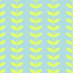 Seamless pattern with leaf branches in yellow on blue background. 
