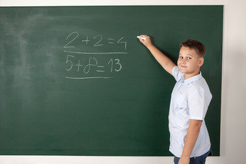 boy in a shirt with school boards