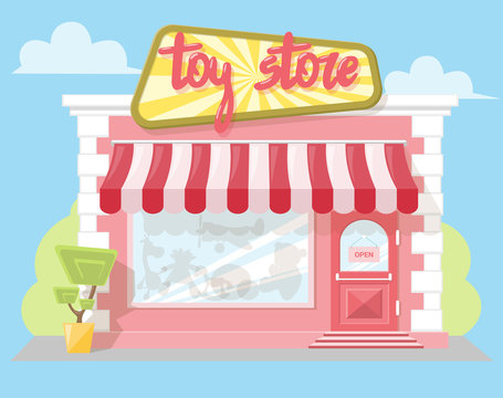 Facade toy store with a signboard, awning and playthings in shopwindow. Abstract image in a flat design. Front shop for Concept brochure or banner. Vector illustration isolated on blue background