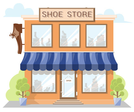 Facade shoe store with asignboard, awning and products in shopwindow.  Abstract image in a flat design. Front shop for Concept brochure or banner.  Vector illustration isolated on white background Stock Vector |