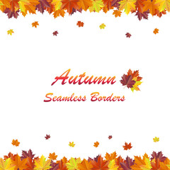 Bright autumn background – seamless vivid autumn maple leaves borders on white background. Vector illustration.