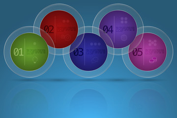 Modern five steps business timeline infographics in rounded shape with transparent glass outer circle on gradient blue backdrop with reflection. 5 options colorful rounded diagram with outline icons.