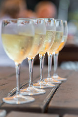 Weingläser mit gekühltem Weißwein gefüllt und äusserlich beschlagen
