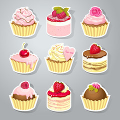 Cute stickers with sweet cupcakes with cream, chocolate and berries. Vector illustration