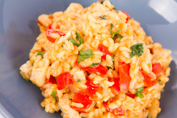 Risotto with chicken, tomatoes, bell pepper, onion, parsley and garlic on a blue plate on a wooden background