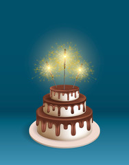 Birthday realistic 3d vector cake with sparkler. Illustration for poster or birthday postcard. Melting chocolate icing