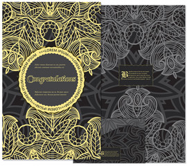 Set of flyer pages ornamental illustration stylized gold concept. Luxury art traditional, Islam, arabic, indian, ottoman motifs, elements. Vector decorative retro greeting card or invitation design.