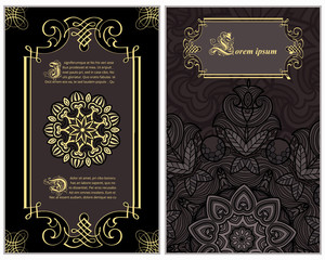 Set of flyer pages ornamental illustration stylized gold concept. Luxury art traditional, Islam, arabic, indian, ottoman motifs, elements. Vector decorative retro greeting card or invitation design.