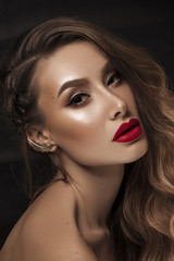 Close up portrait of a model with red lips. Fashion beauty shot.