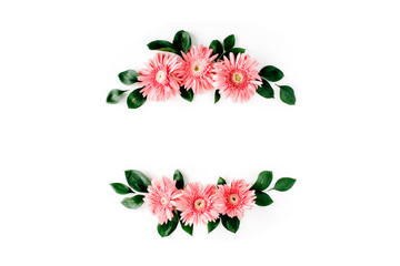 Pink gerbera daisy on white background. Flat lay. Frame wreath