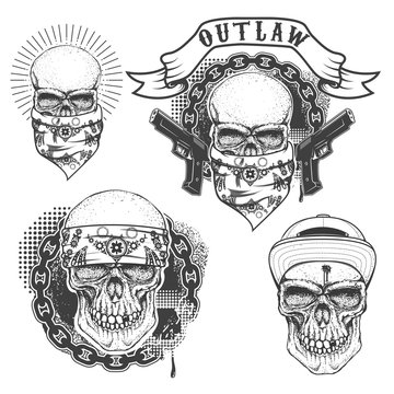 Set of gangster tattoo. Hand drawn skull with bandana. Skull in