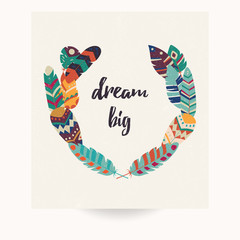 Postcard design with inspirational quote and bohemian colorful feathers