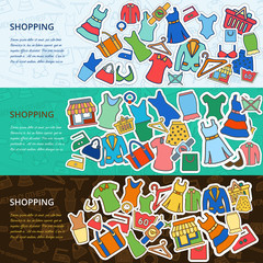 Fashion styles collection banners set, Many object purchased in the shop. Shopping  background concept. In flat thin lines outline style icons with shop label design illustration.