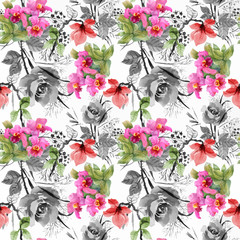 Fototapeta premium Beautiful Watercolor Summer Garden Blooming Flowers Seamless Pattern