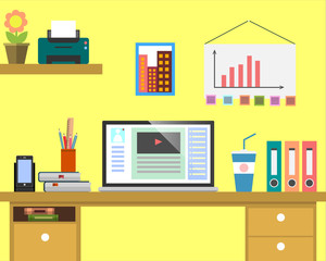 Flat workplace Web banner. Flat design businessman illustration workspace, concepts for business, management, strategy, digital marketing, finance, social network, education, training courses, e