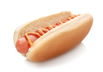 Hot Dog with mustard and ketchup, isolated on white