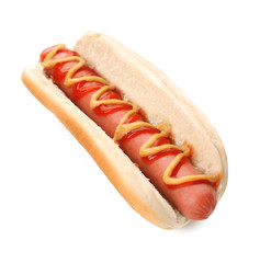Hot Dog with mustard and ketchup, isolated on white