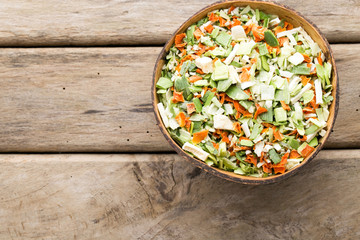 Dried vegetable spice. Bio herbs product. Finely chopped herbs.