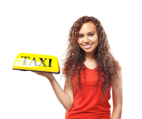 Beautiful girl holding taxi roof light, isolated on white