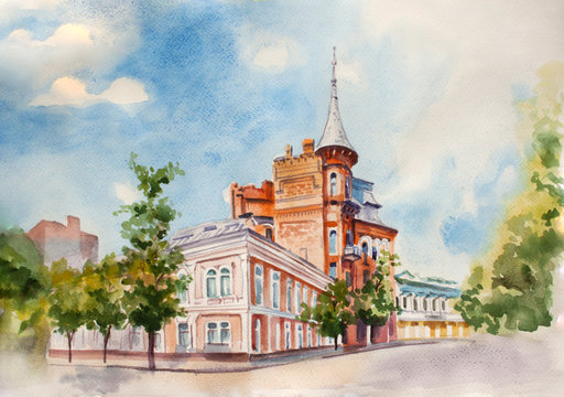 watercolor street sight illustration. Kiev city. Ukraine