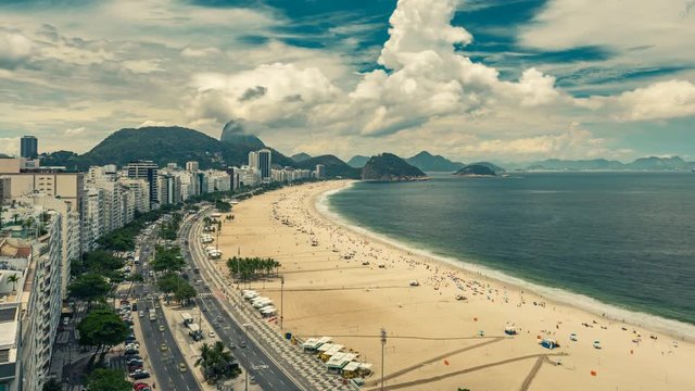 Copacabana Beach high angle Time Lapse, Rio de Janeiro, Brazil. Clouds rolling dynamic with vintage colors