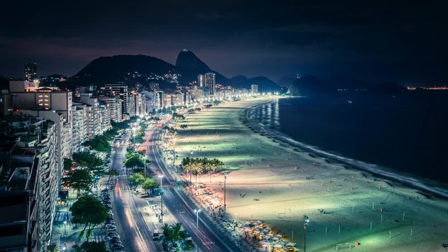 Copacabana Beach Time Lapse at night, Rio de Janeiro, Brazil. High angle street traffic