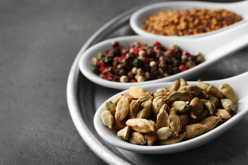 Different spices in spoons on plate