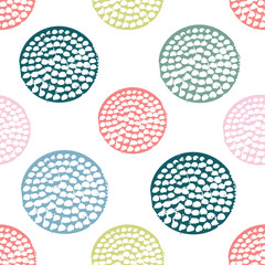 Colorful textured circle seamless pattern, blue, pink, green, red round grunge polka dot, wrapping paper. Vector illustration.