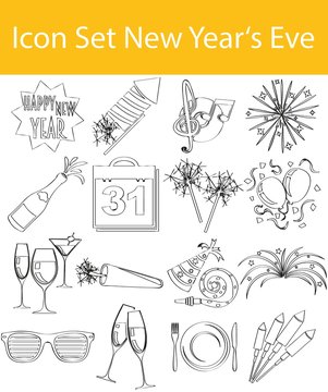 Drawn Doodle Lined Icon Set New Year's Eve