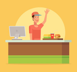 Fast food cafe. Happy cashier man character. Vector flat cartoon illustration