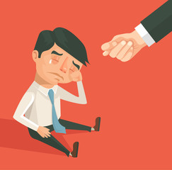 Office worker man character and fig sign hand. Vector flat cartoon illustration