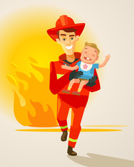 Fireman character carrying child. Vector flat cartoon illustration