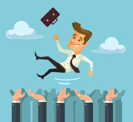 Throw hands happy businessman character in the air. Vector flat cartoon illustration