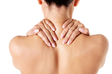 Awful backache, isolated, white background.