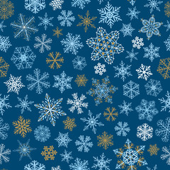 Seamless pattern of snowflakes, light blue, brown and white on b
