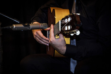 Fototapeta na wymiar Guitarra flamenca. Músico español tocando guitarra flamenca
